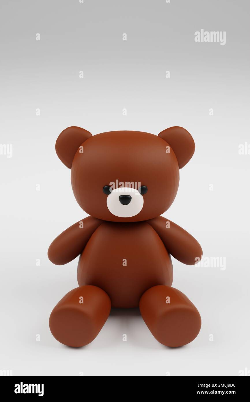 A digital 3D render of a cute smooth brown teddy bear figure on a white ...