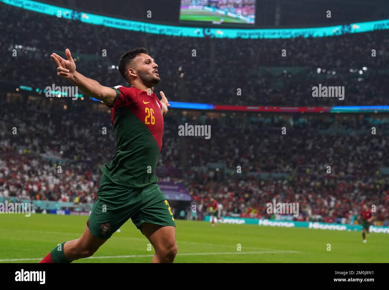 Portugal's Goncalo Ramos celebrates scoring their side's fifth goal of the game, completing his hat-trick, during the FIFA World Cup Round of Sixteen match at the Lusail Stadium in Lusail, Qatar. Picture date: Tuesday December 6, 2022. Stock Photo
