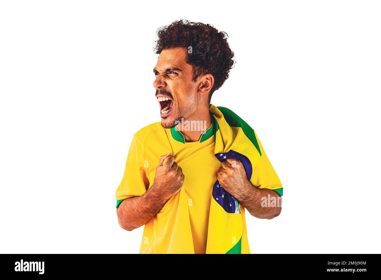 Brazilian Soccer Player Celebrating  on a White Background. Dramatic Portrait of a Black Soccer Player Holding Flag. Stock Photo