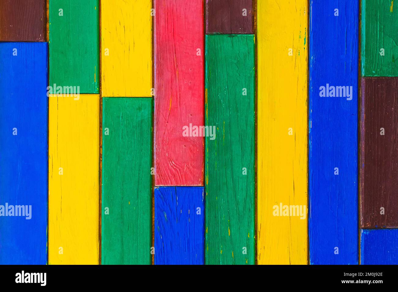 Multicolored painted wood fence texture, modern interior boards color surface plank colorful background. Stock Photo