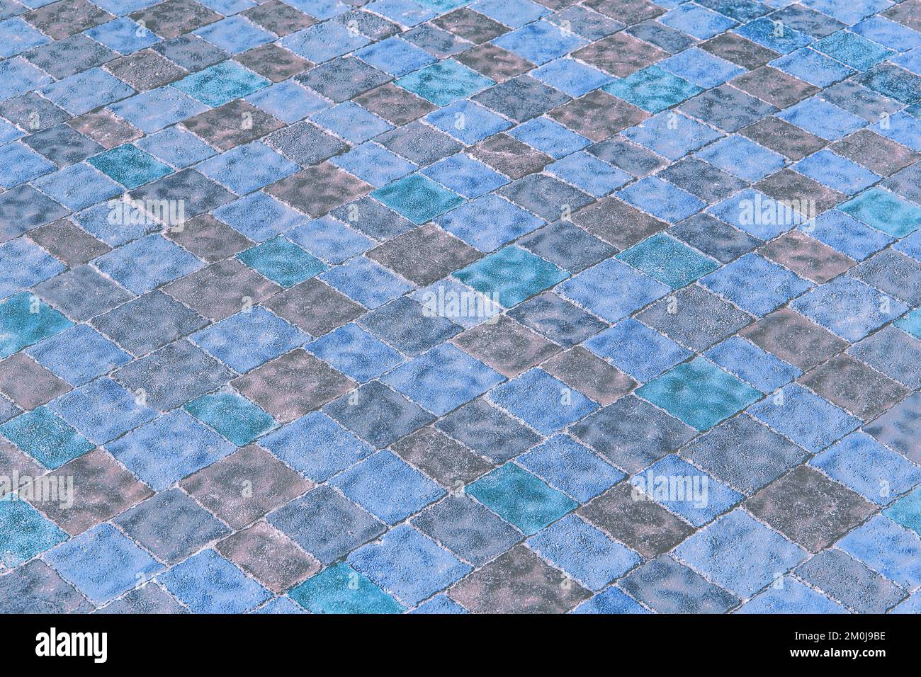 Blue modern paving slabs floor tile mosaic urban texture road pattern abstract background. Stock Photo