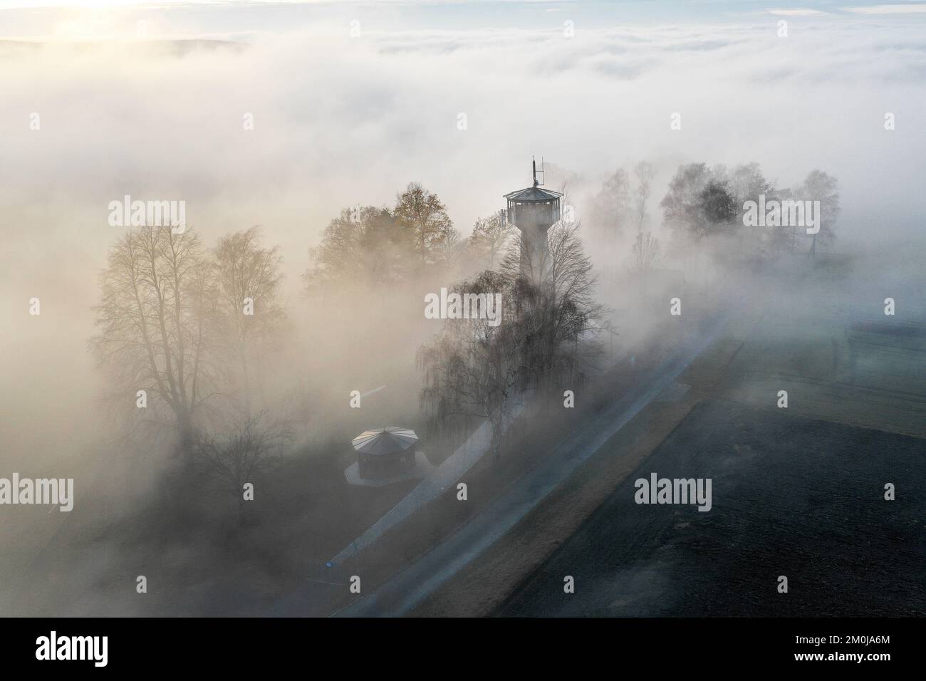 An aerial view of a city under a foggy sky Stock Photo - Alamy