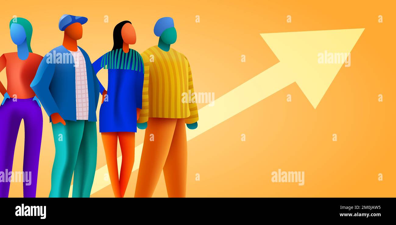 3d people crowd with rising arrow. Population, demographic and sociology concept. Vector illustration Stock Vector