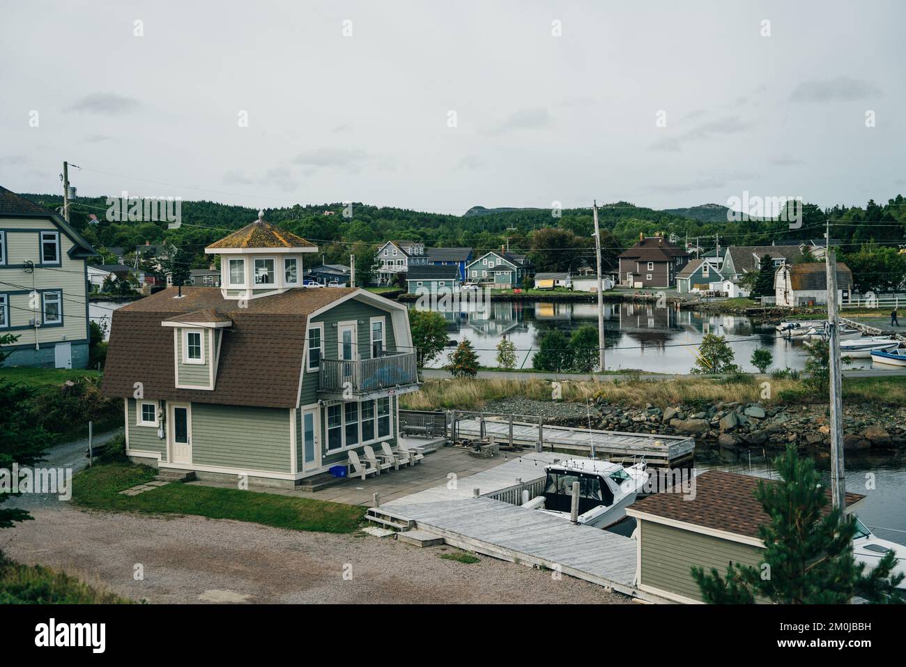 Group of new vacation homes built on the shore Bay Newfoundland, Canada