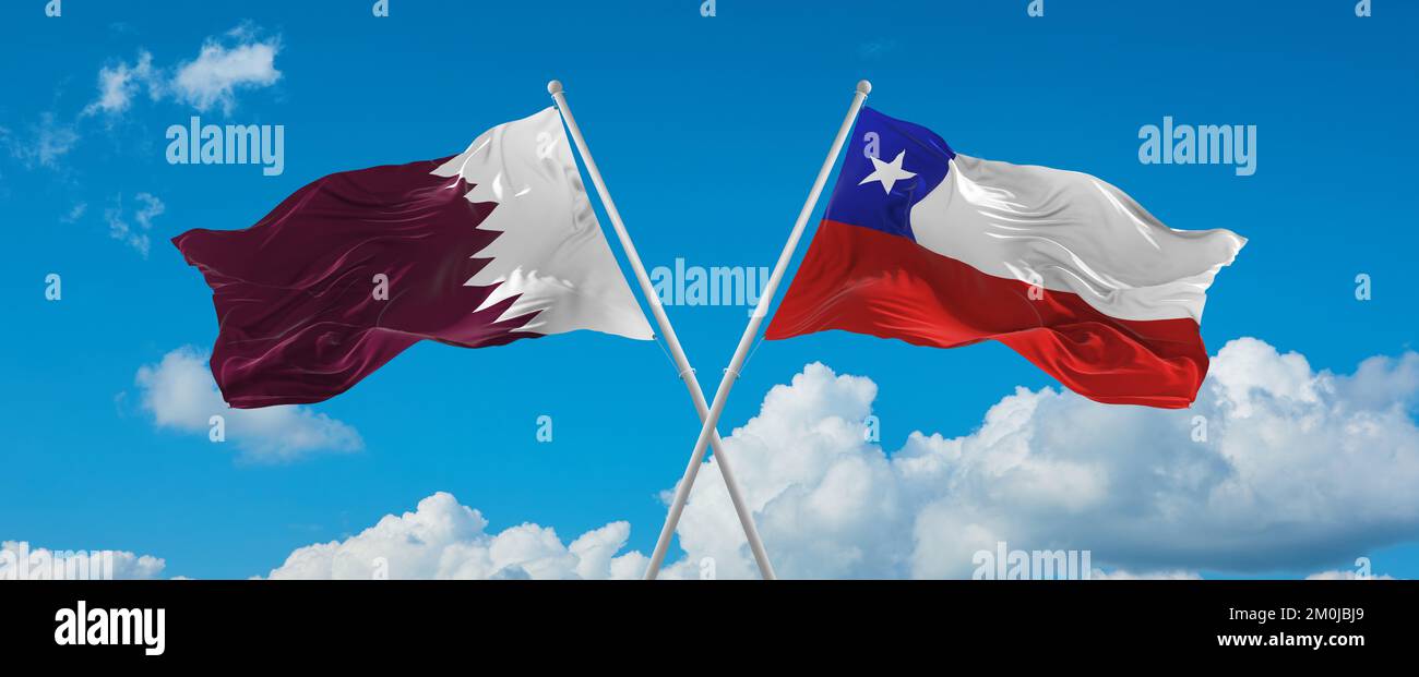 two crossed flags Chile and Qatar waving in wind at cloudy sky. Concept ...