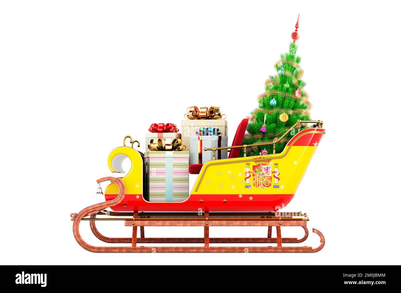 Spanish flag painted on the Christmas Santa sleigh, full of gifts and Christmas tree. 3D rendering isolated on white background Stock Photo