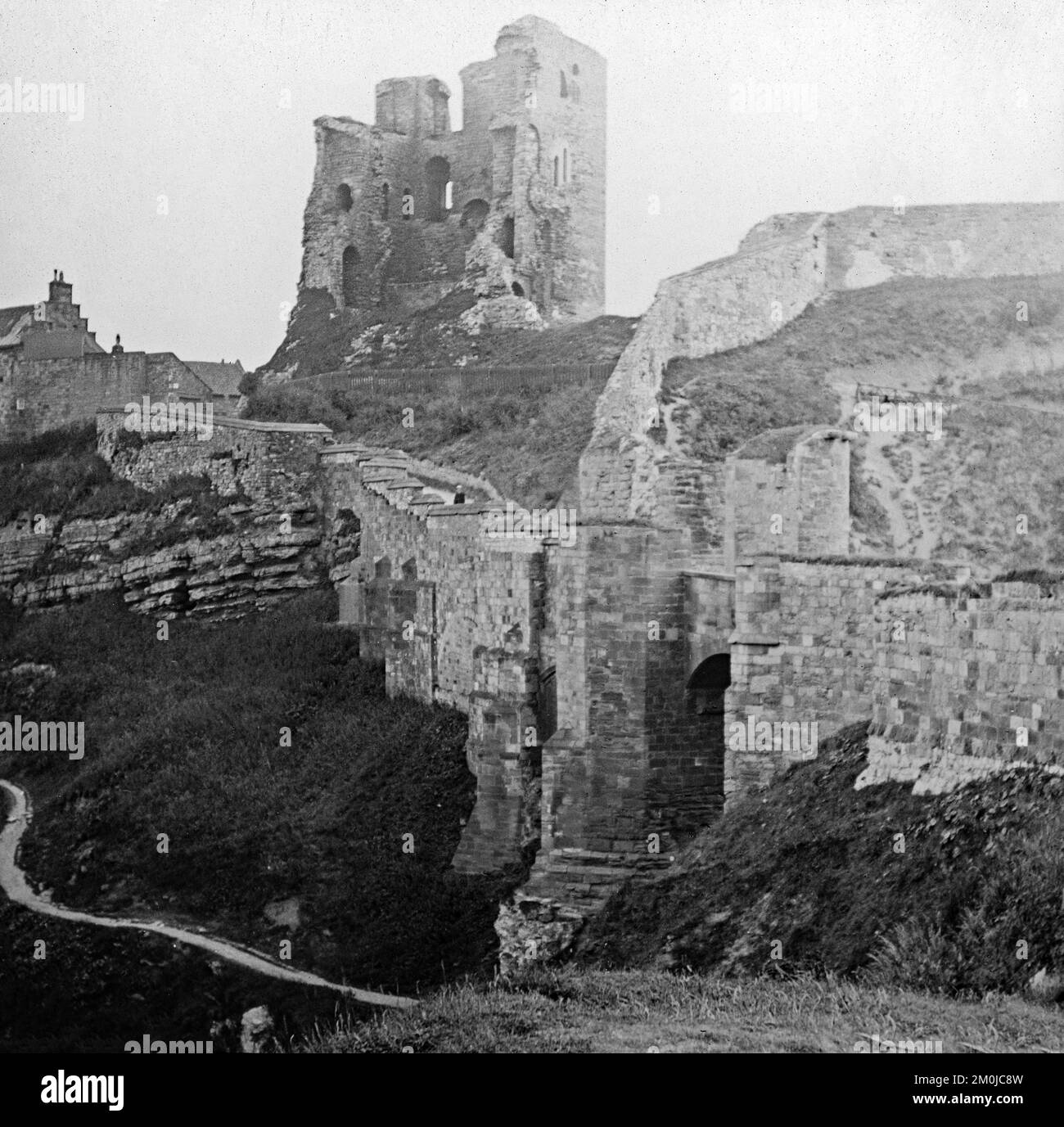 A vintage 1897 black and white photograph showing Scarborough Castle in England. Stock Photo