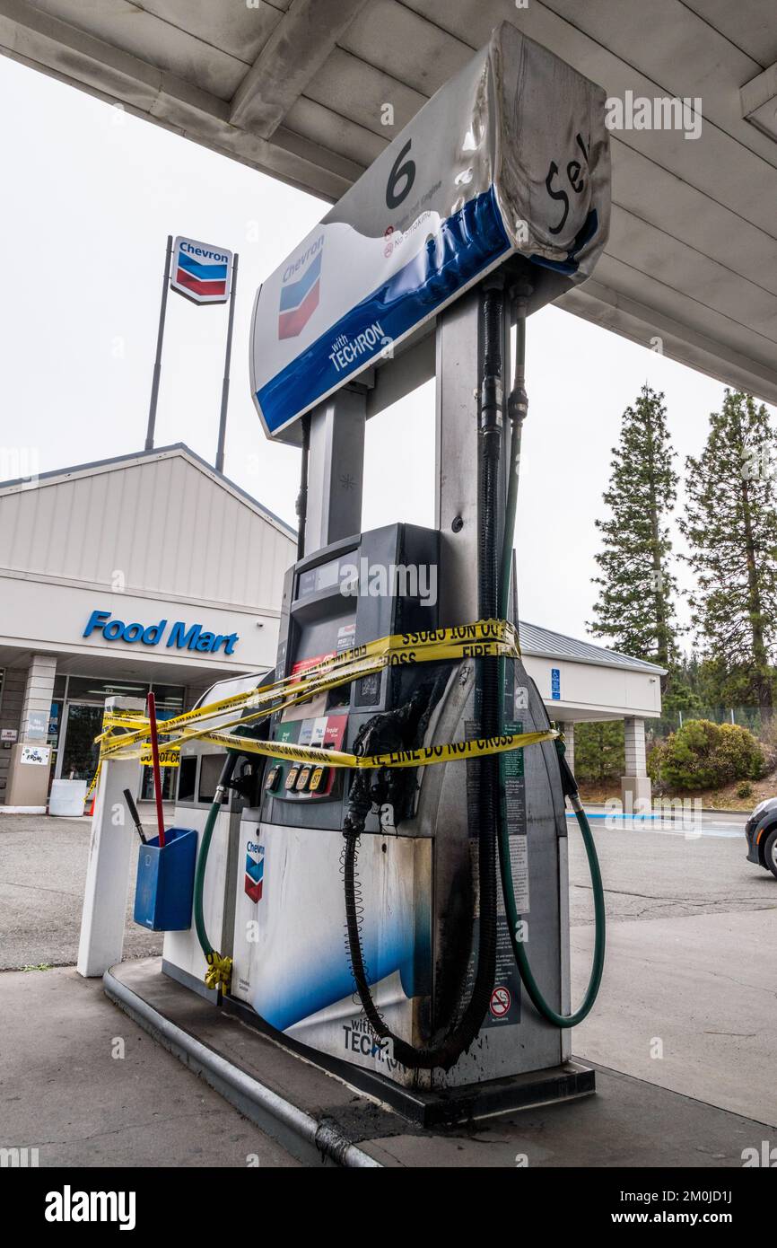 A gas pump that has caught on fire at a Chevron station in Northern California USA Stock Photo