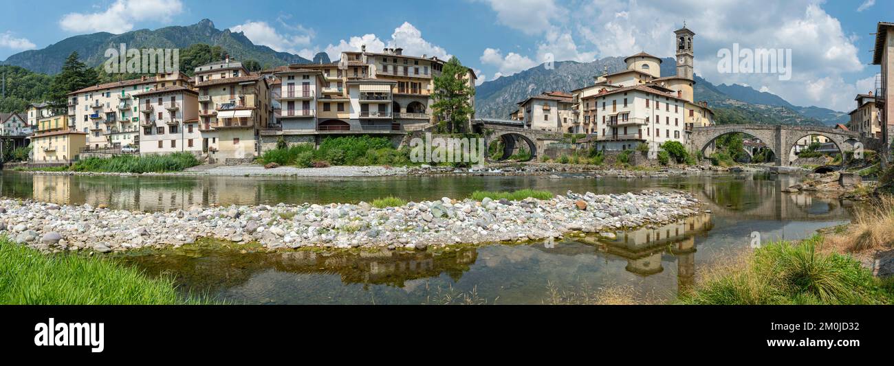 village view and brembo river, san giovanni bianco, italy Stock Photo