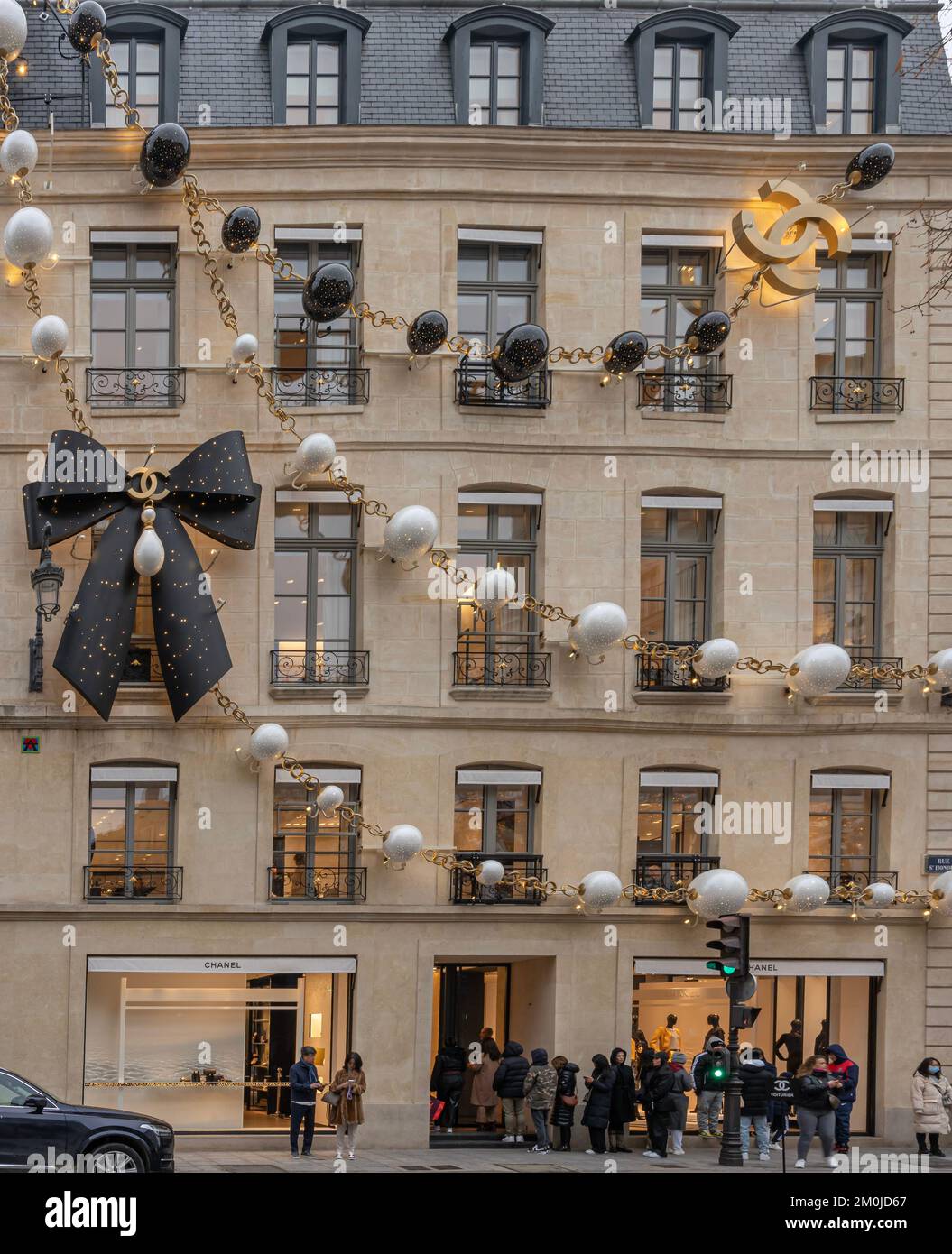 View of facade of Coco Chanel with christmas decoration Stock