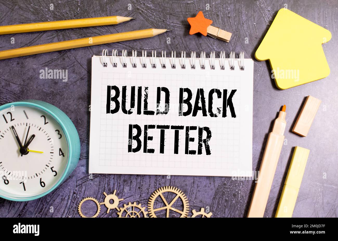 Build back better written in white chalk on a black chalkboard isolated on white. Stock Photo