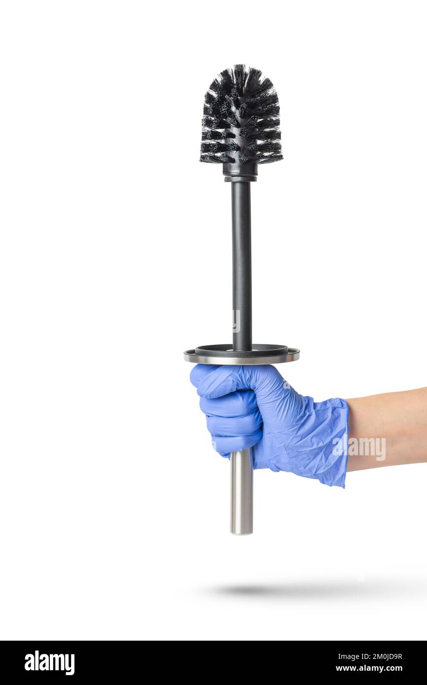 Toilet brush in hand on a white isolated background, a hand in a blue rubber glove holds a black