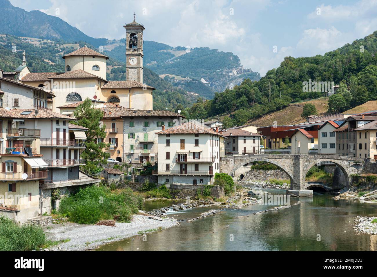 village view and brembo river, san giovanni bianco, italy Stock Photo