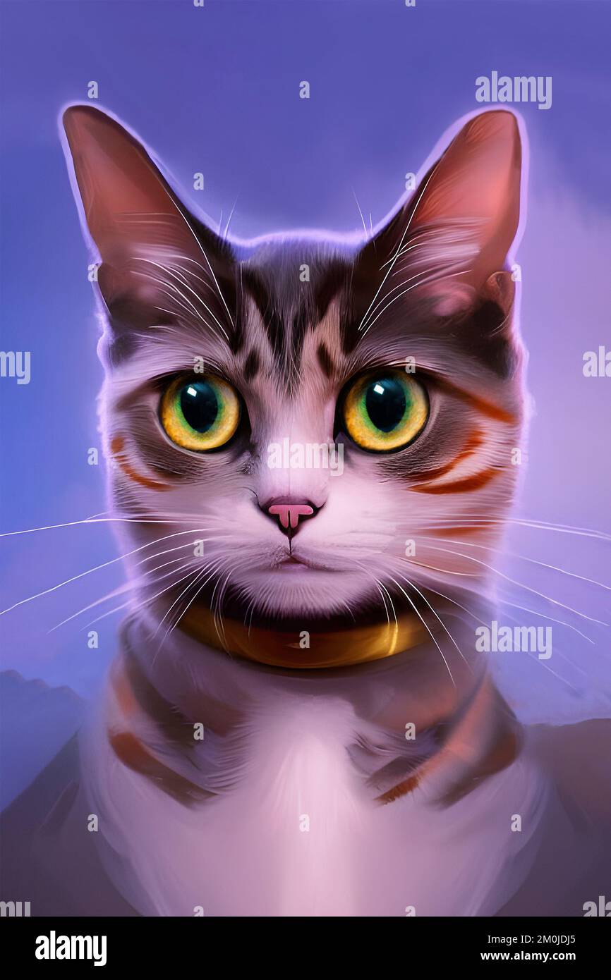 3D rendering of a portrait of white cat with brown stripes and cute big wide eyes and soft fluffy furs. Adorable, romantic and loving. Stock Photo