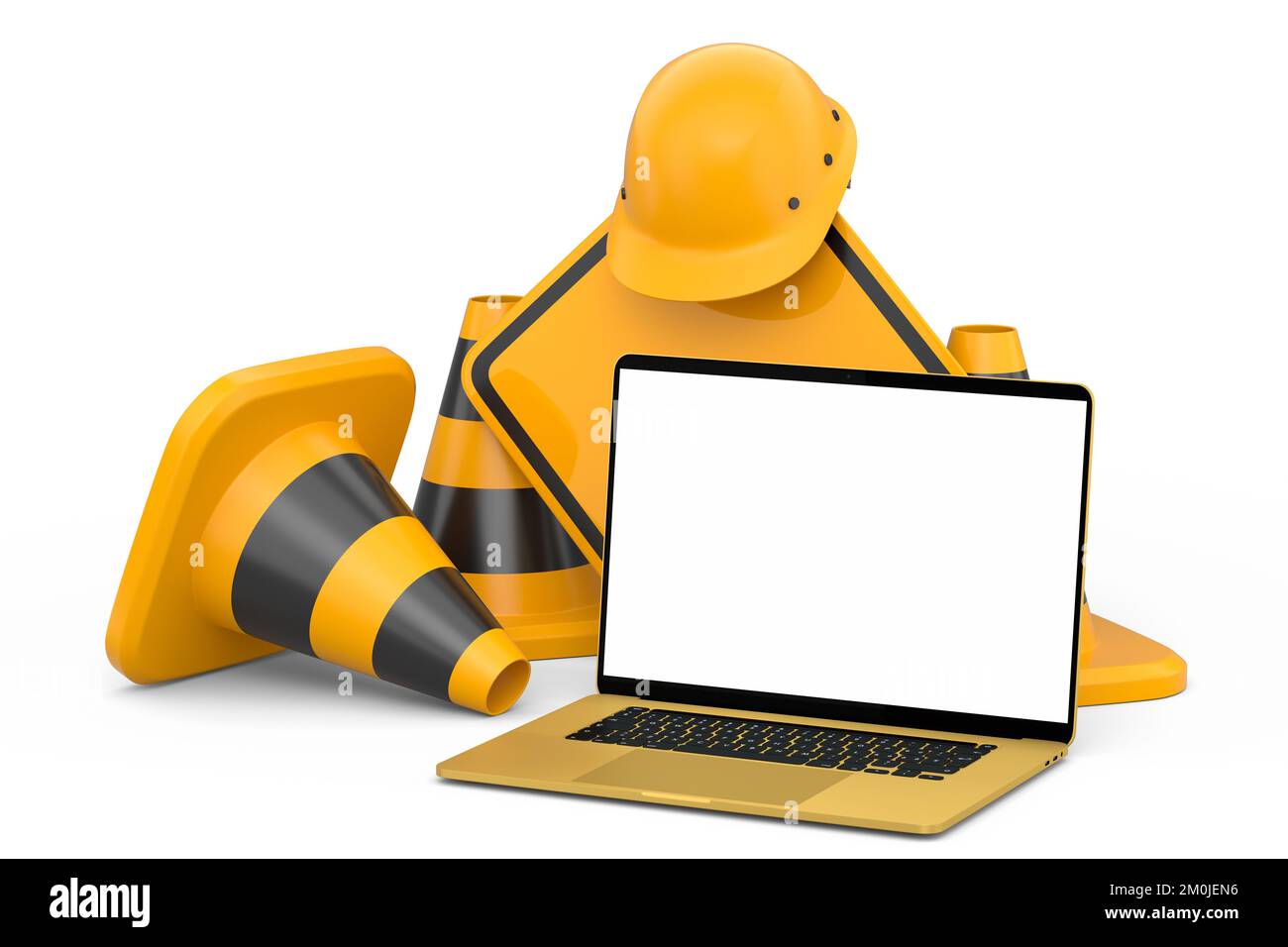 Set of safety helmet or hard hat, road traffic cones and sign for under