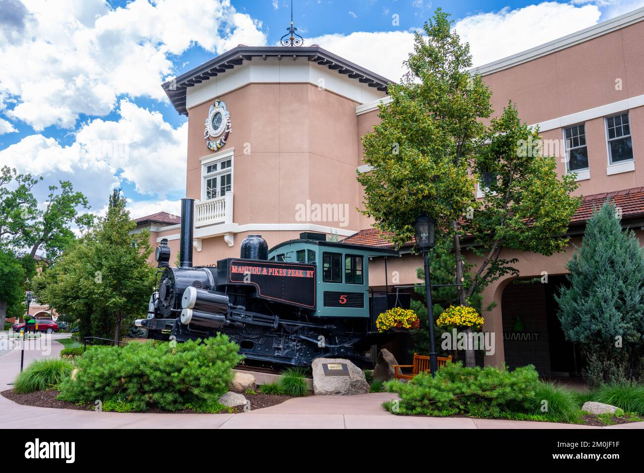 Colorado Springs, CO - July 8, 2022: Steam Engine Number 5 of the Manitou and Pikes Peak Railway was built in 1901 and ran until 1954. The Manitou and Stock Photo