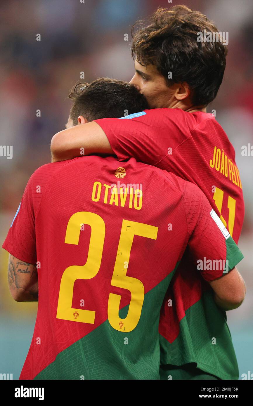 Lusail, Qatar. 06th Dec, 2022. Otavio of Portugal and Joao Felix of Portugal embrace after Goncalo Ramos of Portugal scores during the FIFA World Cup Qatar 2022 round of 16 match between Portugal and Switzerland at Lusail Stadium, Lusail, Qatar on 6 December 2022. Photo by Peter Dovgan. Editorial use only, license required for commercial use. No use in betting, games or a single club/league/player publications. Credit: UK Sports Pics Ltd/Alamy Live News Stock Photo