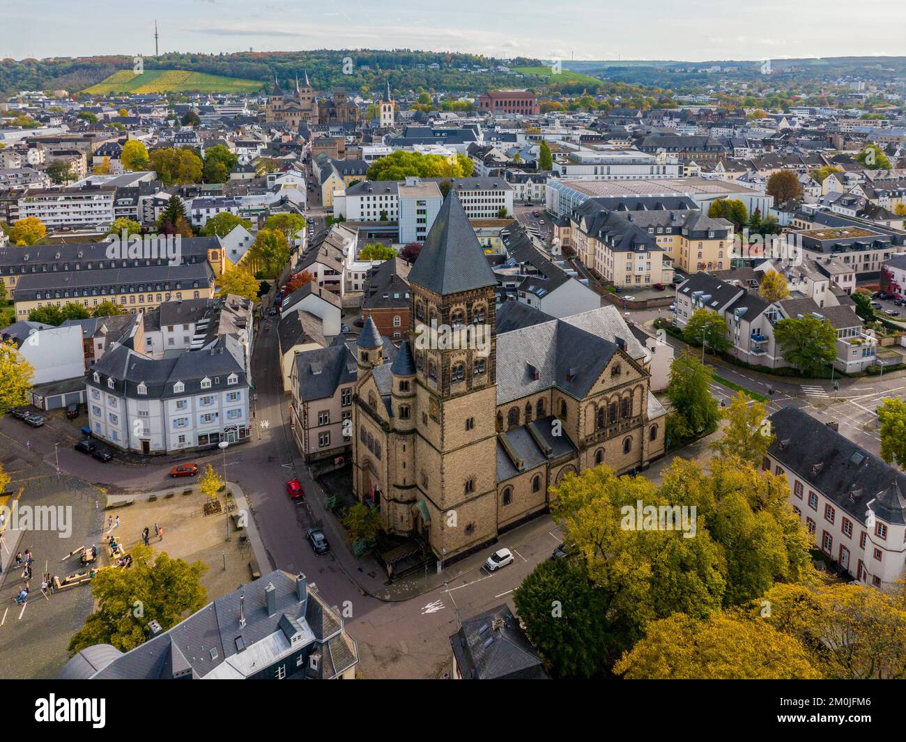 Aerial Drone Shot of the City Center in Trier, Rheinland-Pfalz. Autumn day in Famous German city Stock Photo