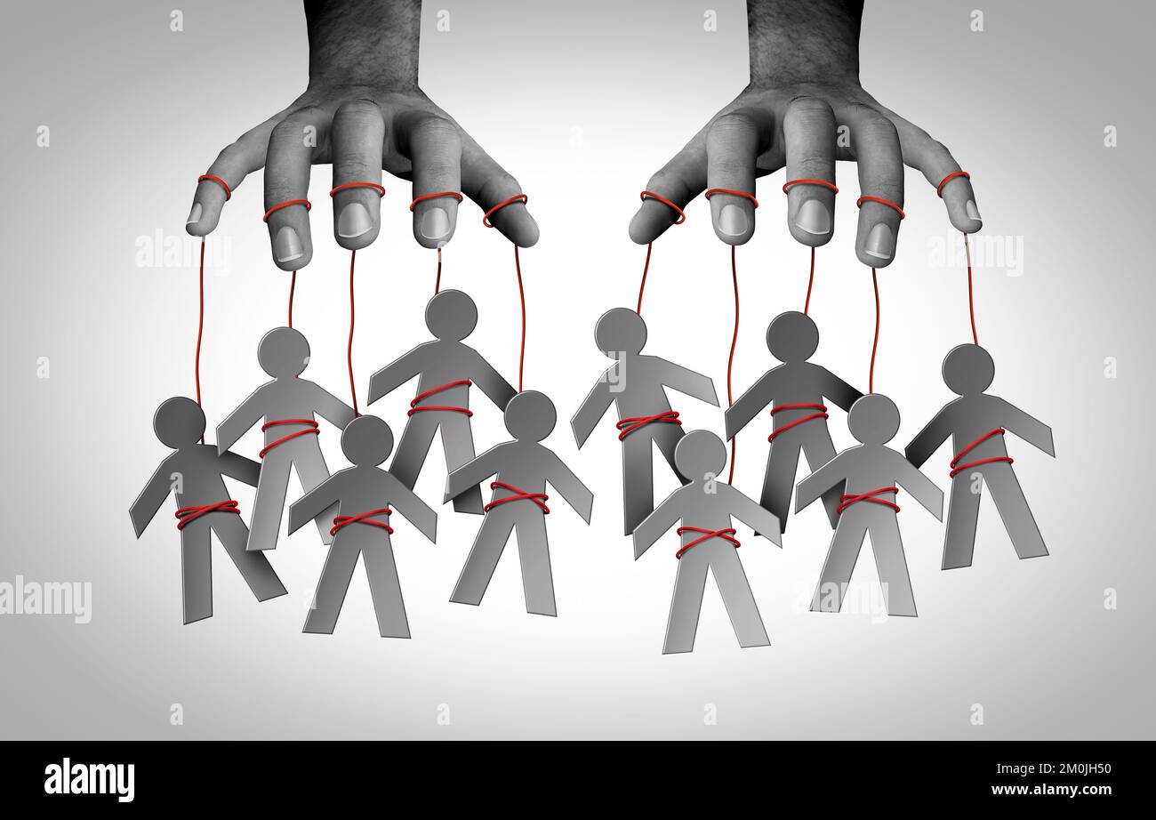 Gaslighting people and social Manipulator concept as a puppet master influencing a society on strings controlled by someone that manipulates Stock Photo