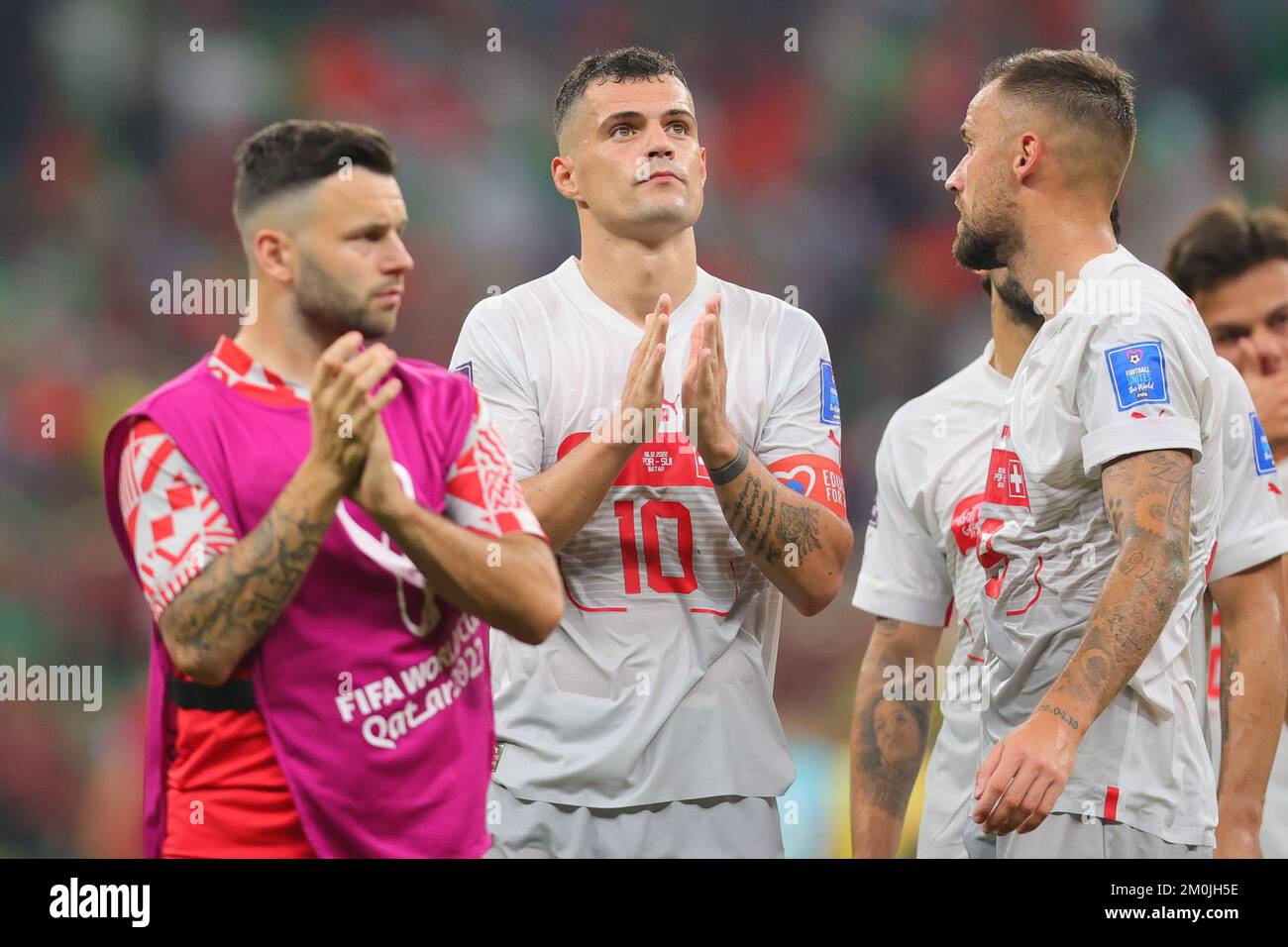 Lusail, Qatar. 06th Dec, 2022. Granit Xhaka of Switzerland thanks the fans during the FIFA World Cup Qatar 2022 round of 16 match between Portugal and Switzerland at Lusail Stadium, Lusail, Qatar on 6 December 2022. Photo by Peter Dovgan. Editorial use only, license required for commercial use. No use in betting, games or a single club/league/player publications. Credit: UK Sports Pics Ltd/Alamy Live News Stock Photo