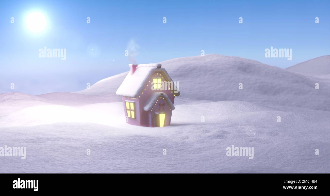 Image of christmas cottage with smoking chimney in winter landscape ...