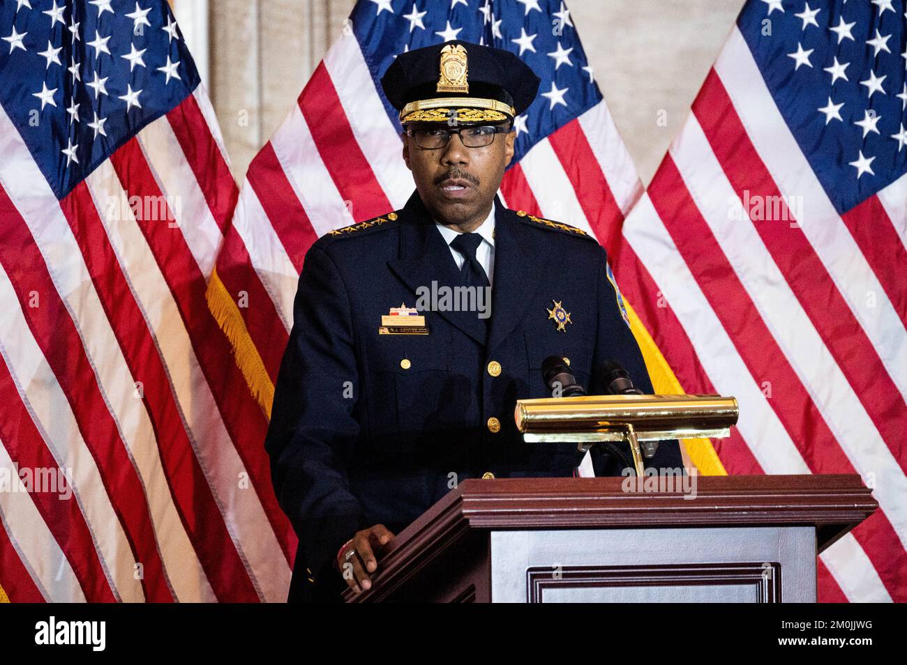 Washington, United States. 06th Dec, 2022. Chief Robert J. Contee, III, Chief of Police, Washington, DC Metropolitan Police Department, speaking in the Rotunda of the U.S. Capitol at a Congressional Gold Medal Ceremony honoring the United States Capitol Police, the Washington D.C Metropolitan Police and Those Who Protected the U.S. Capitol on January 6, 2021. (Photo by Michael Brochstein/Sipa USA) Credit: Sipa USA/Alamy Live News Stock Photo