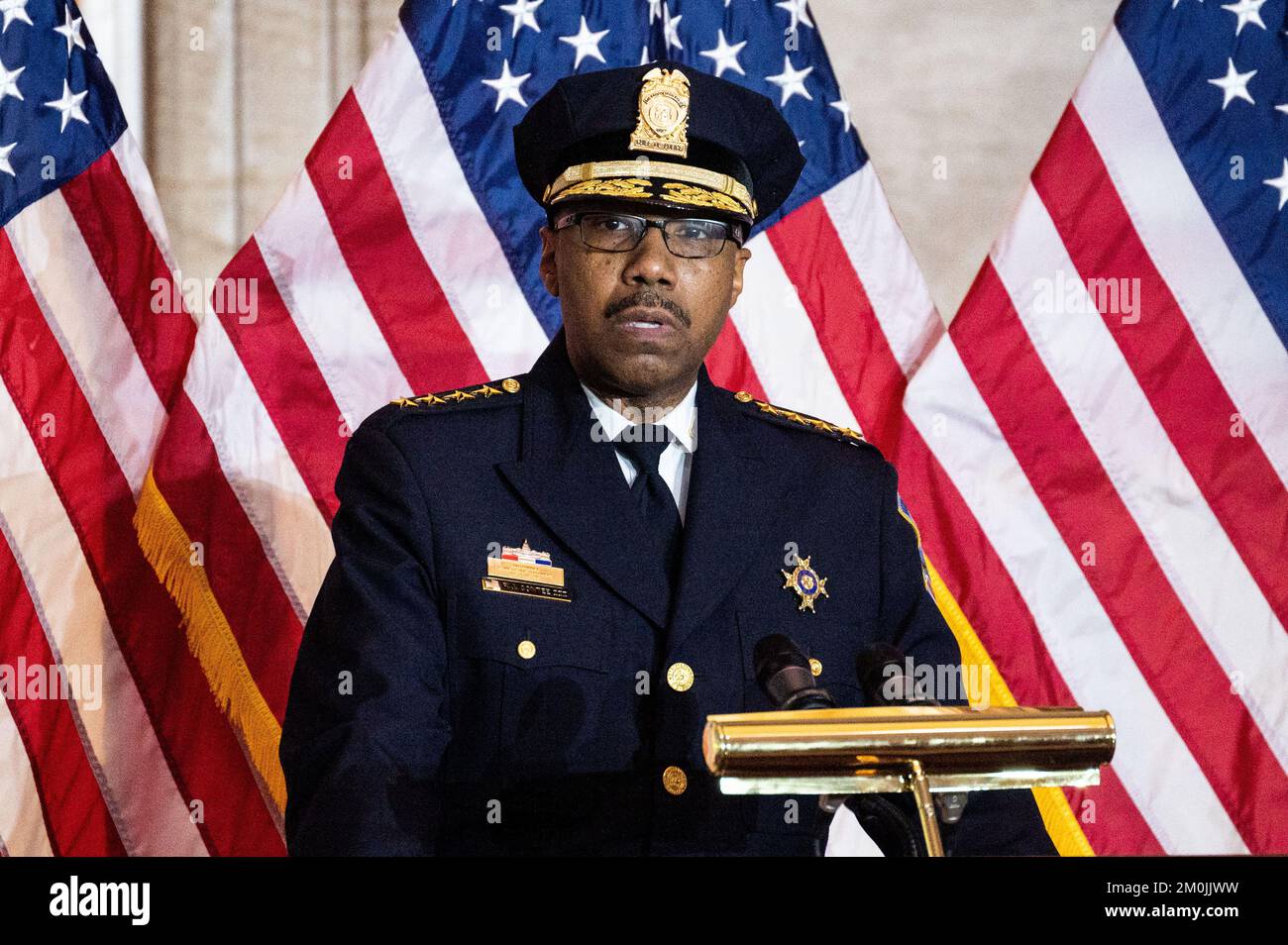 Washington, United States. 06th Dec, 2022. Chief Robert J. Contee, III, Chief of Police, Washington, DC Metropolitan Police Department, speaking in the Rotunda of the U.S. Capitol at a Congressional Gold Medal Ceremony honoring the United States Capitol Police, the Washington D.C Metropolitan Police and Those Who Protected the U.S. Capitol on January 6, 2021. (Photo by Michael Brochstein/Sipa USA) Credit: Sipa USA/Alamy Live News Stock Photo