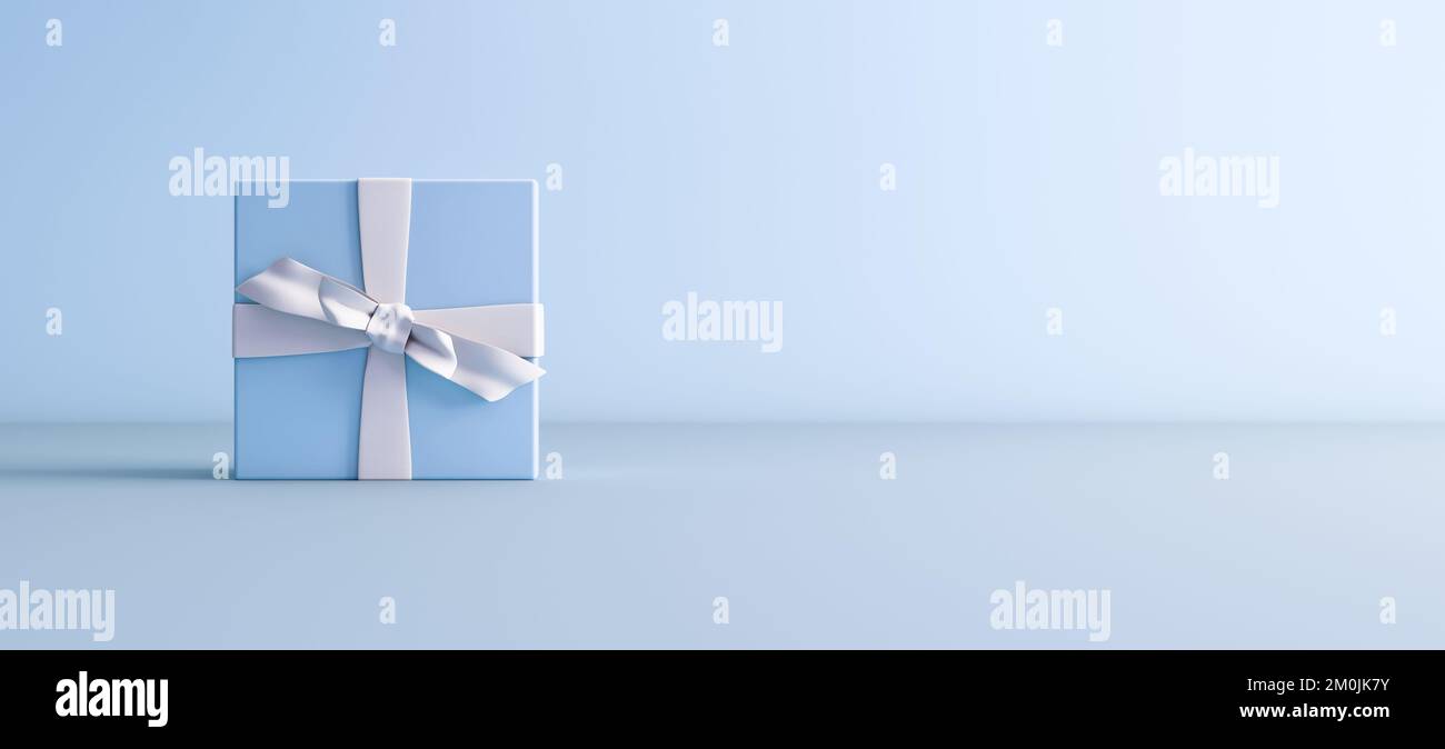 Mock-up poster, baby blue gift box with white bow on light blue background, 3D Render, 3D Illustration Stock Photo