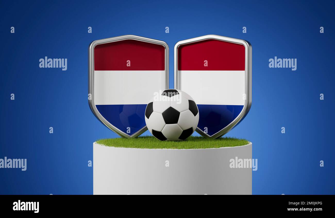 Netherlands flag soccer shield with football ball on a grass podium. 3D Rendering Stock Photo