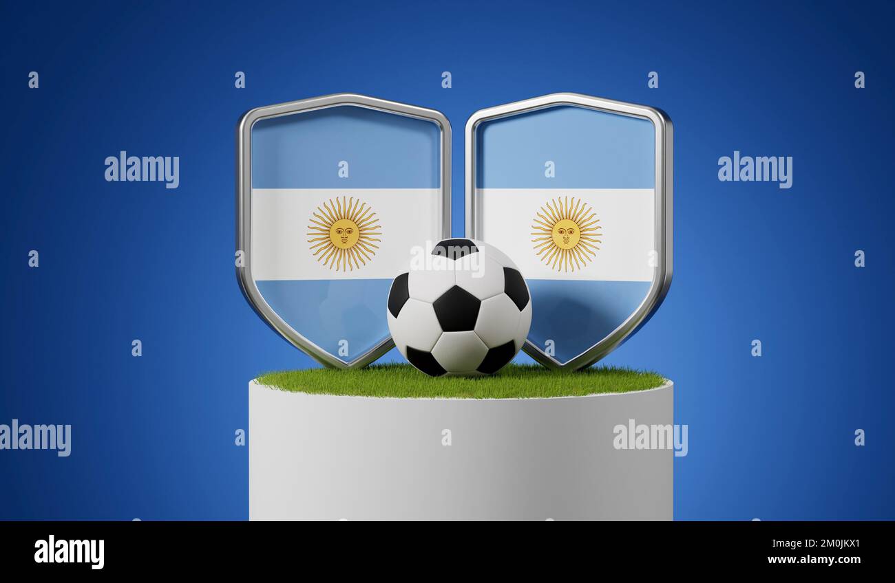 Argentina flag soccer shield with football ball on a grass podium. 3D Rendering Stock Photo