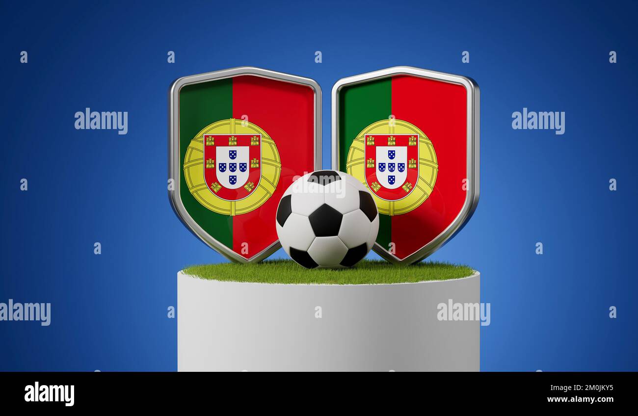 Portugal flag soccer shield with football ball on a grass podium. 3D Rendering Stock Photo
