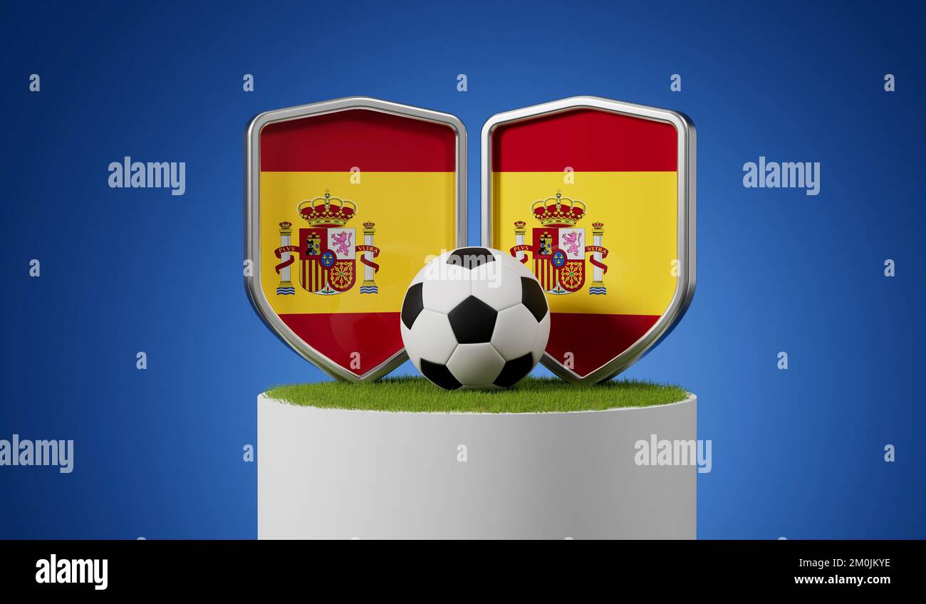 Spain flag soccer shield with football ball on a grass podium. 3D Rendering Stock Photo