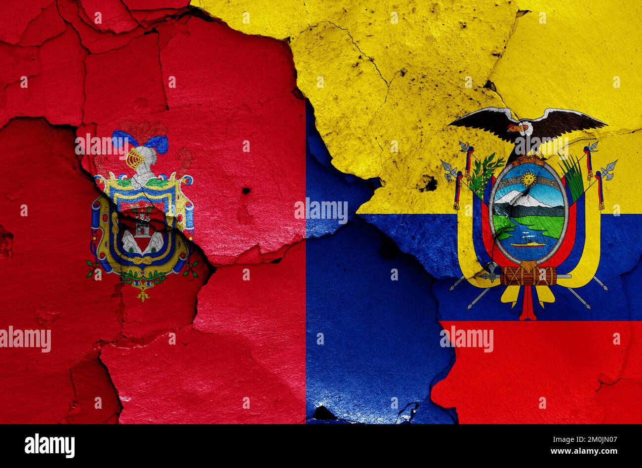 flags of Quito and Ecuador painted on cracked wall Stock Photo Alamy