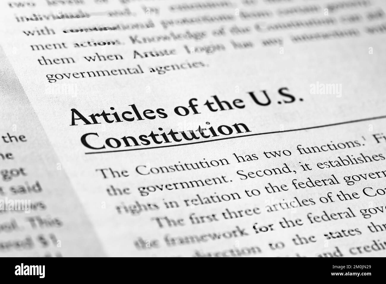 A part of a Legal Business Law textbook referring to the articles of the US Constitution Stock Photo
