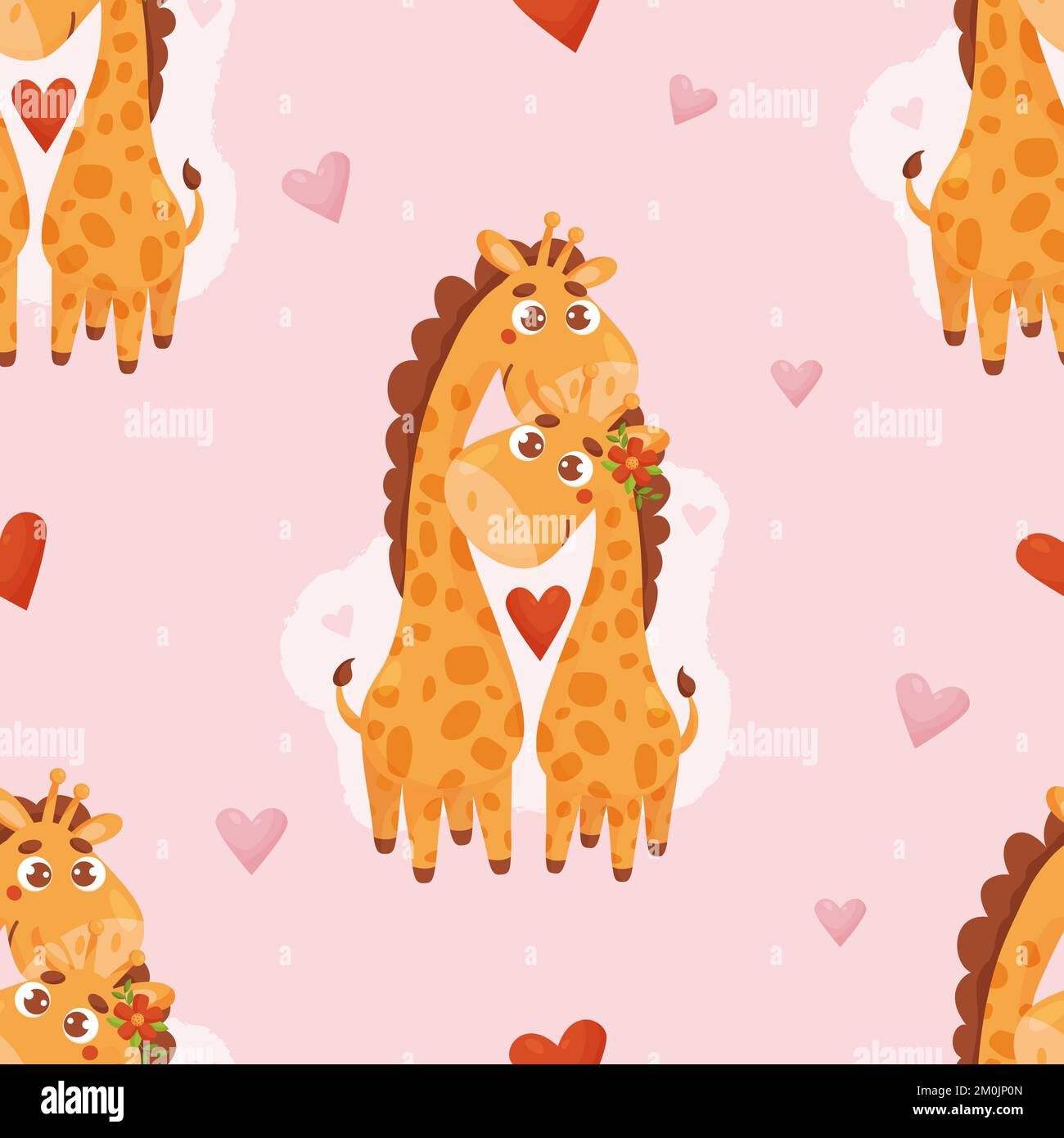 Seamless pattern with cute pair of giraffes in love on light pink ...