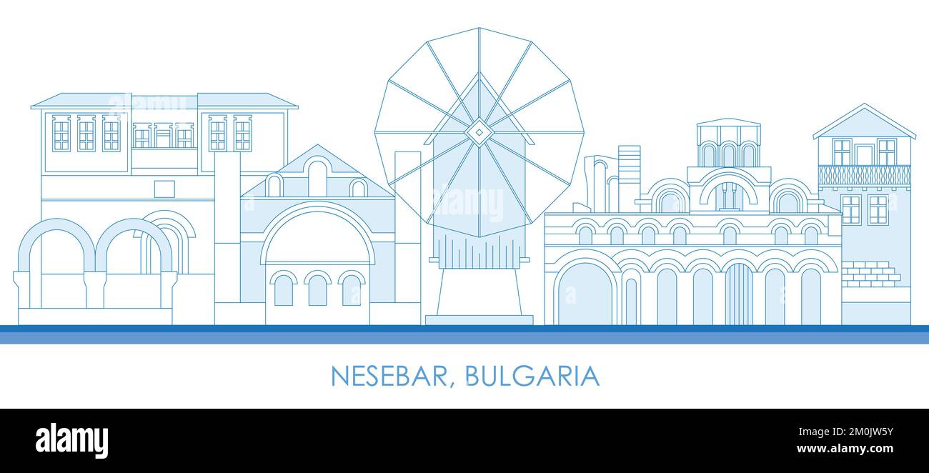 Outline Skyline panorama of town of Nessebar, Bulgaria - vector illustration Stock Vector