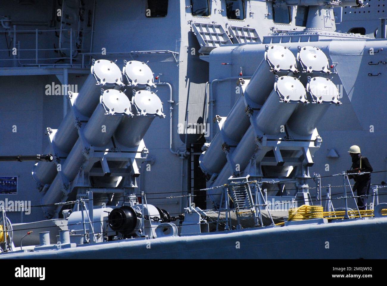 Kanagawa Prefecture, Japan - April 14, 2007: Indian Navy 3M24 Uran ship-to-ship missile launcher on INS Mysore (D60). Stock Photo