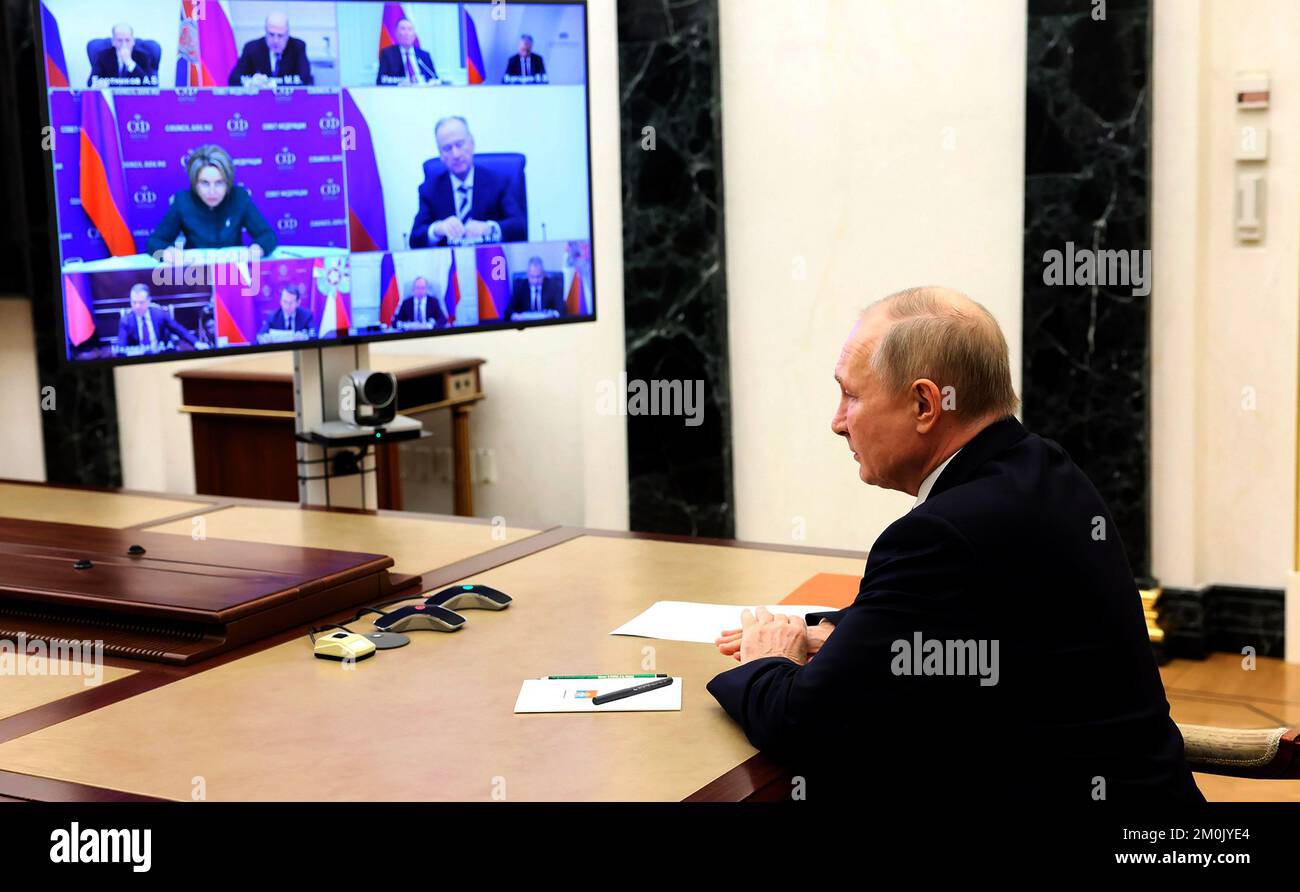 Moscow, Russia. 07th Dec, 2022. Russian President Vladimir Putin chairs a Security Council meeting via videocoference in Moscow, Russia, Tuesday, Dec. 6, 2022. photo by Kremlin Pool /UPI Credit: UPI/Alamy Live News Stock Photo