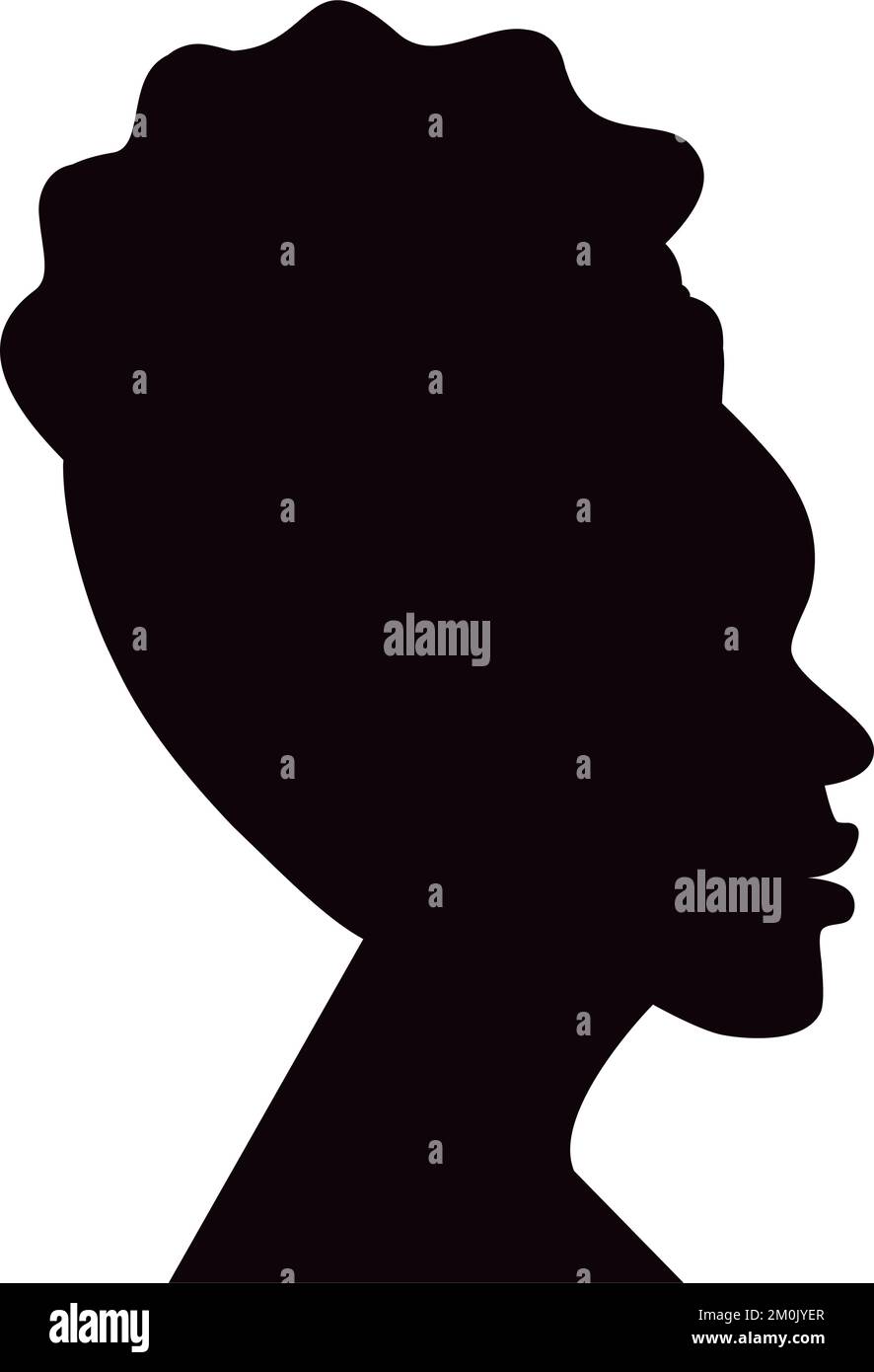 Profile picture silhouette of an African American woman with curly hair pulled up. Sticker. Icon. Isolate. Good for lettering, banner, poster, cards, invitation or greeting, label and price tag. EPS Stock Vector
