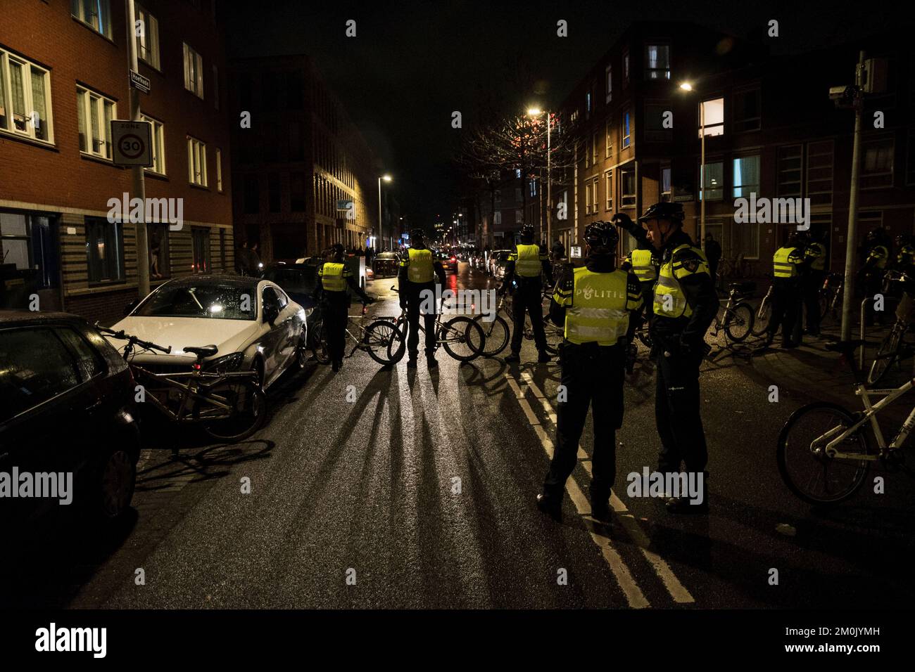 12-06-2022.The Hague,The Netherlands.Football fans celebrated the Moroccan victory over Spain at the world cup.Eventually riot police cleared the area. Stock Photo