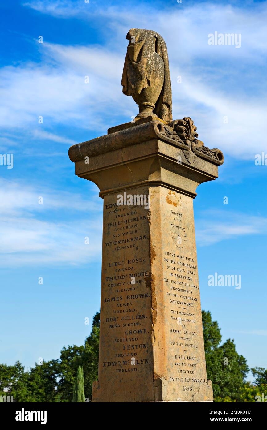 Ballarat Australia / The Eureka Diggers Memorial  dedicated to  gold diggers killed at the 1854 Eureka Stockade battle in Ballarat Victoria Australia. Stock Photo