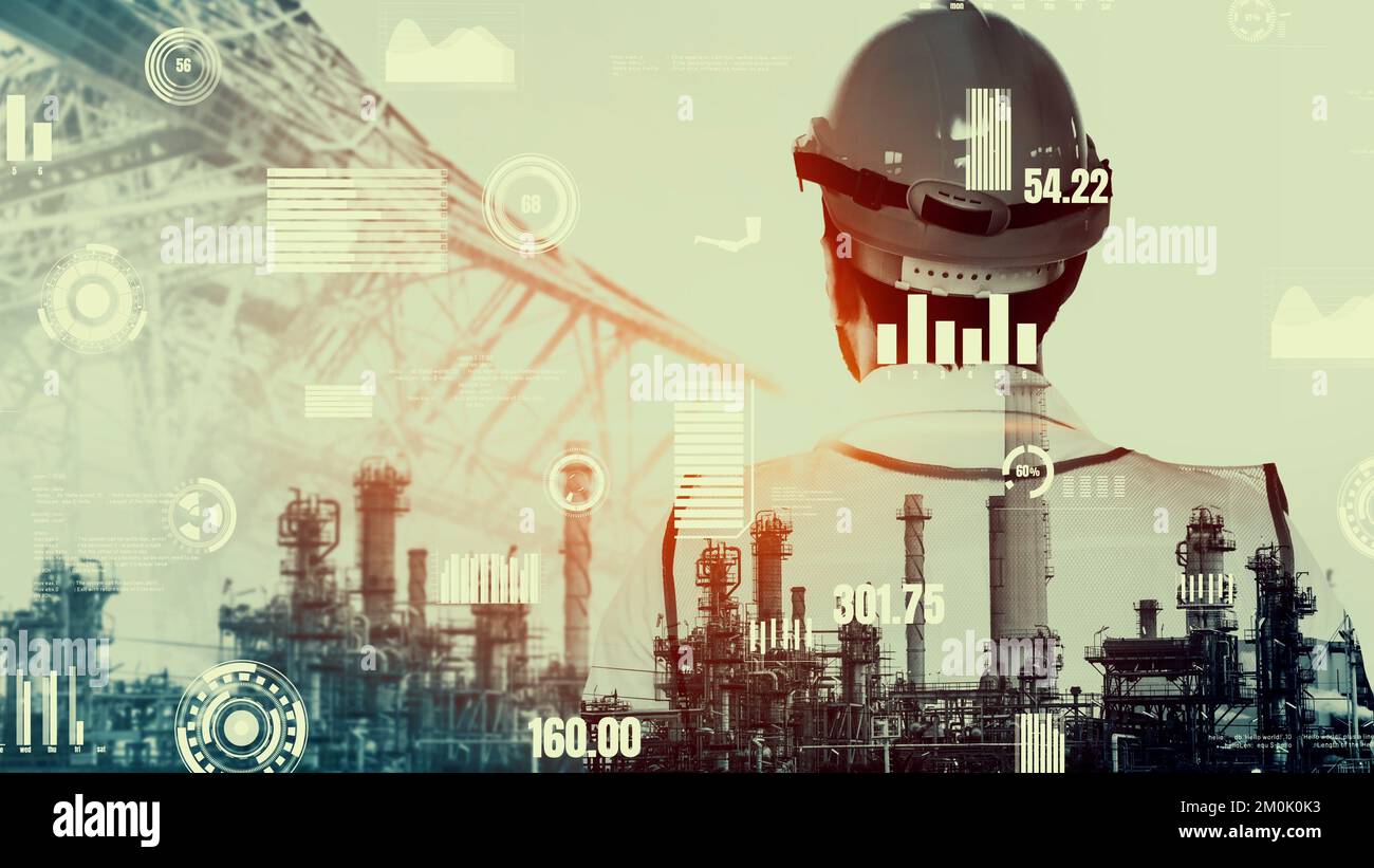 Future factory plant and inventive energy industry concept in creative graphic design. Oil, gas and petrochemical refinery factory with hologram Stock Photo