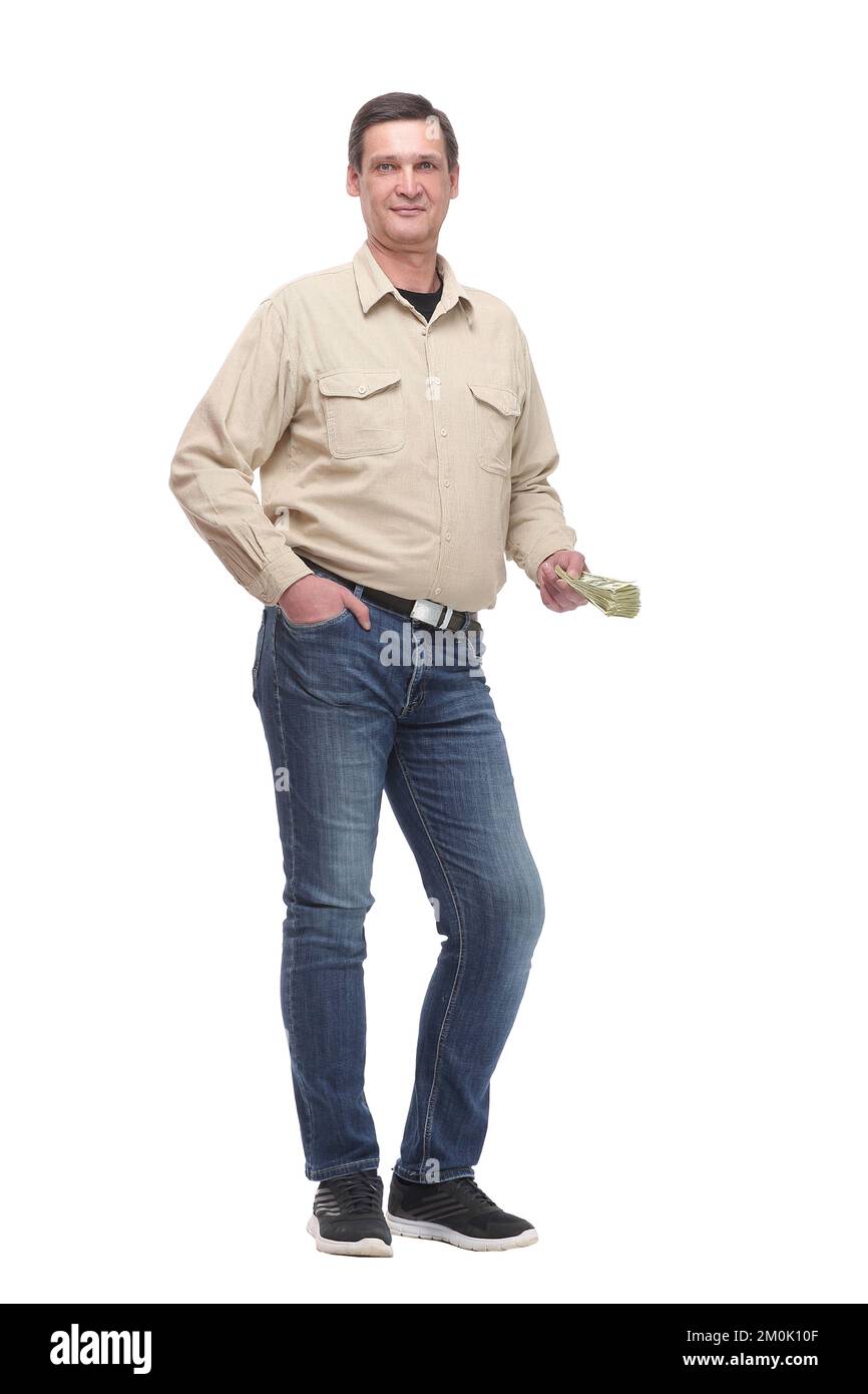 Front view portrait of a happy business man holding money Stock Photo ...
