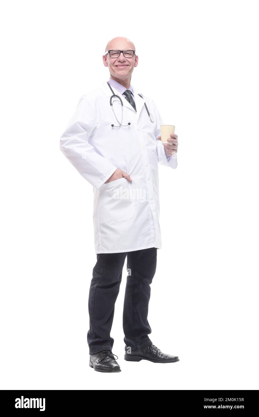 smiling doctor with a takeaway coffee. isolated on a white Stock Photo