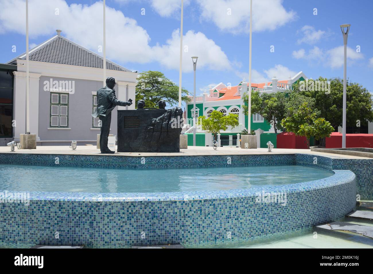 ORANJESTAD, ARUBA JULY 17, 2022 Fountain and sculpture of three men
