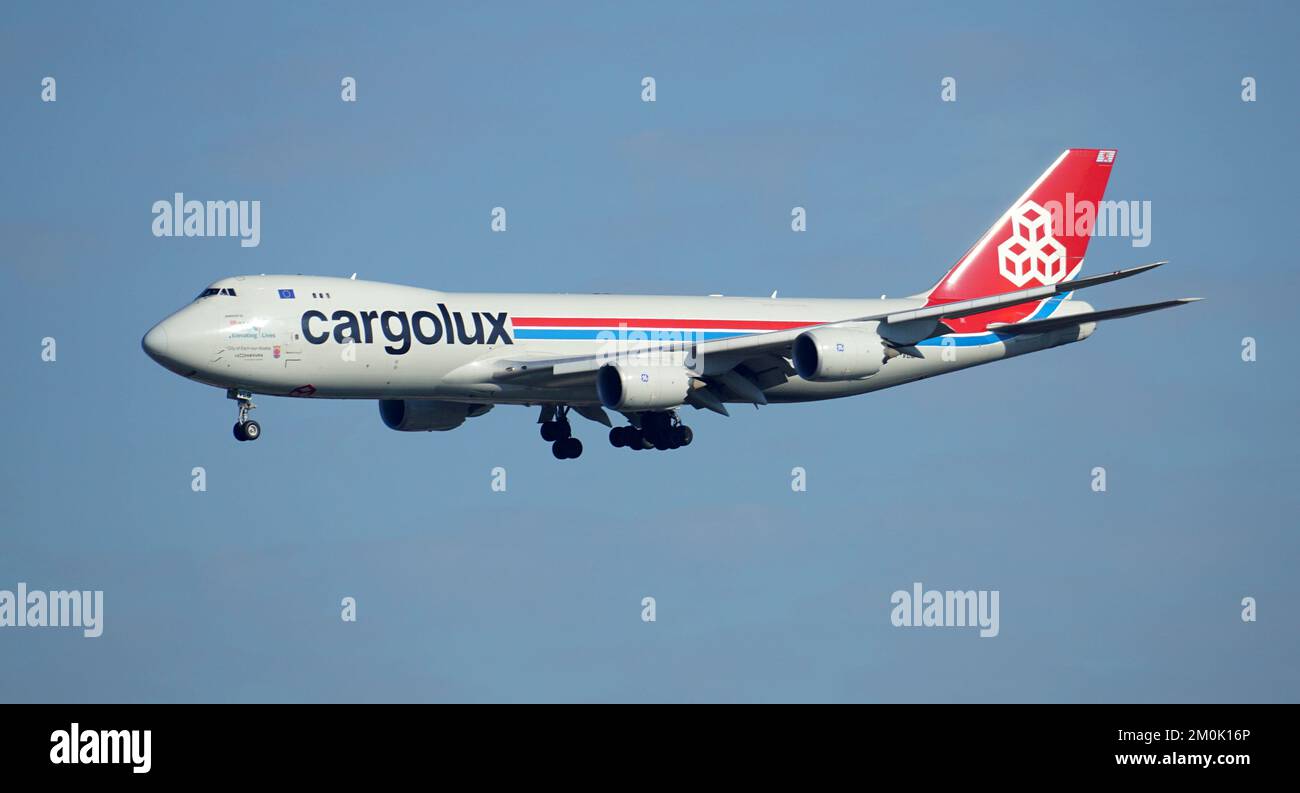 Cargolux Boeing 747 prepares for landing at Chicago O'Hare International Airport. Stock Photo