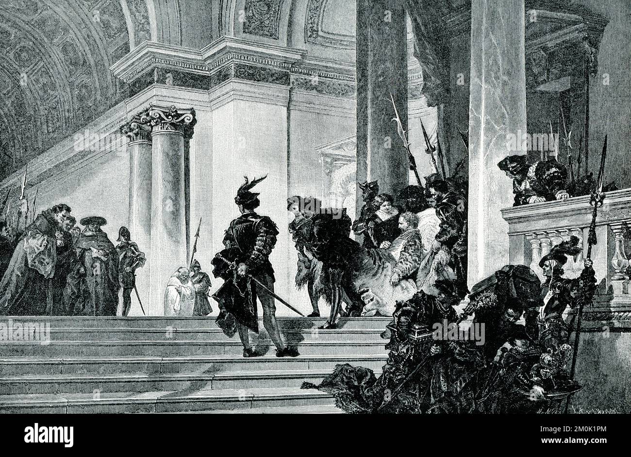 The 1906 caption reads: “We see here the downfall of the subtle and terrible villain Caesar Borgia. He meant to be lord of all Italy, and disposed of all his opponents by secret, slow-working poisons. At last he and his father, Pope Alexander VI, seem to have been trapped into drinking some of the poison they had arranged for another. The father died, and Caesar was long ill  and lost all his power. A new Pope, backed by armed retainers, came to the palace with many apologies, and turned out the helpless invalid and his followers. The two bands of soldiers are passing each other like so many t Stock Photo