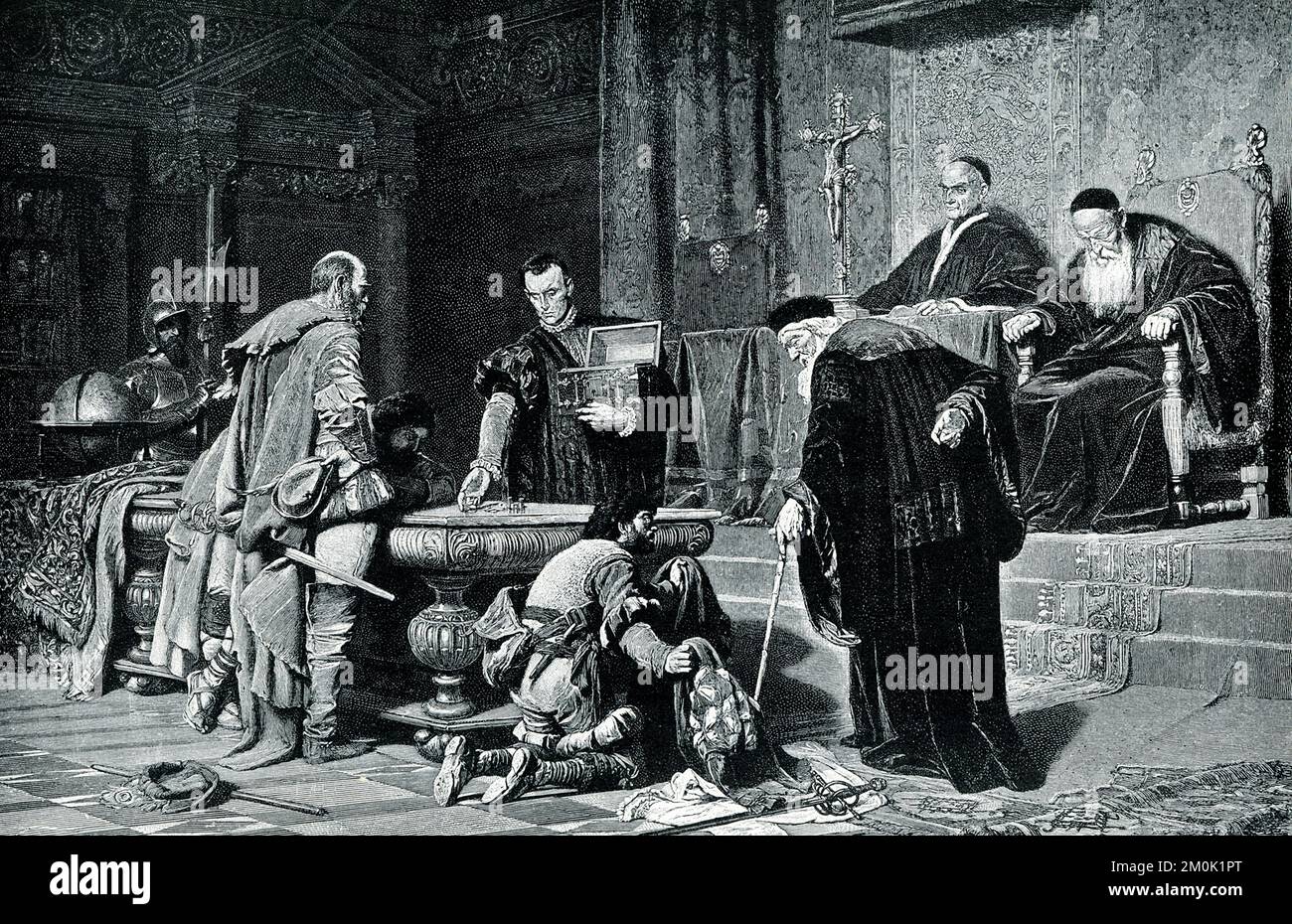 The 1906 caption reads: “Venice was nominally a republic, but all the power gradually fell into the hands of a council of three, who governed the city by secret murder. Any one whom the three marked as dangerous, disappeared without warning and without trace. This is Piloty’s famous picture, showing the grim and aged “Three” examining the proof that one of their victims has been slain, and scornfully paying the blood-money to the assassins.” Piloty (died 1886) was a German painter, noted for his historical subjects, and recognized as the foremost representative of the realistic school in Germa Stock Photo
