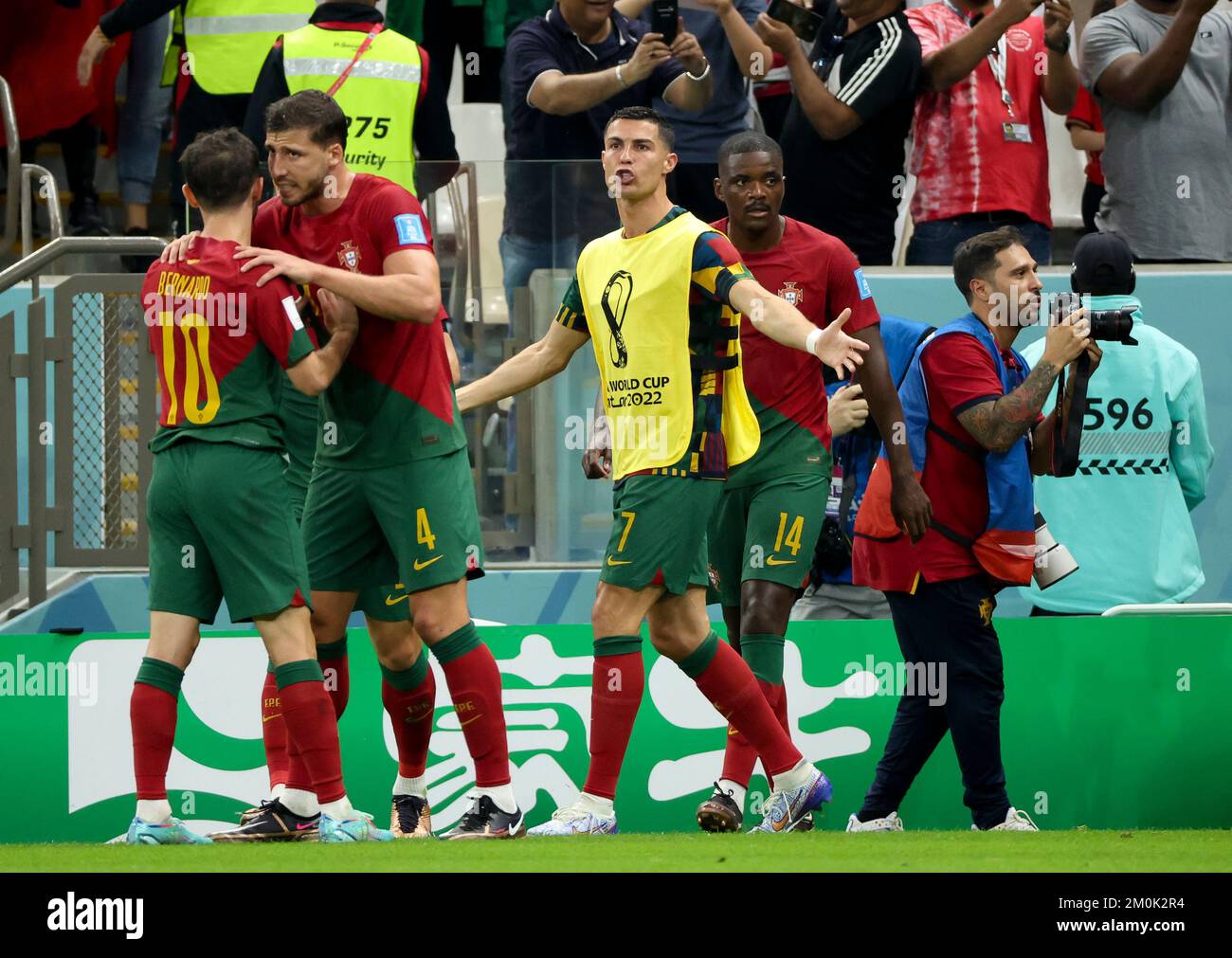 Bernardo Silva, Ruben Dias, Cristiano Ronaldo, William Carvalho of Portugal celebrate the goal of Goncalo Ramos of Portugal during the FIFA World Cup 2022, Round of 16 football match between Portugal and Switzerland on December 6, 2022 at Lusail Stadium in Al Daayen, Qatar - Photo Jean Catuffe / DPPI Stock Photo