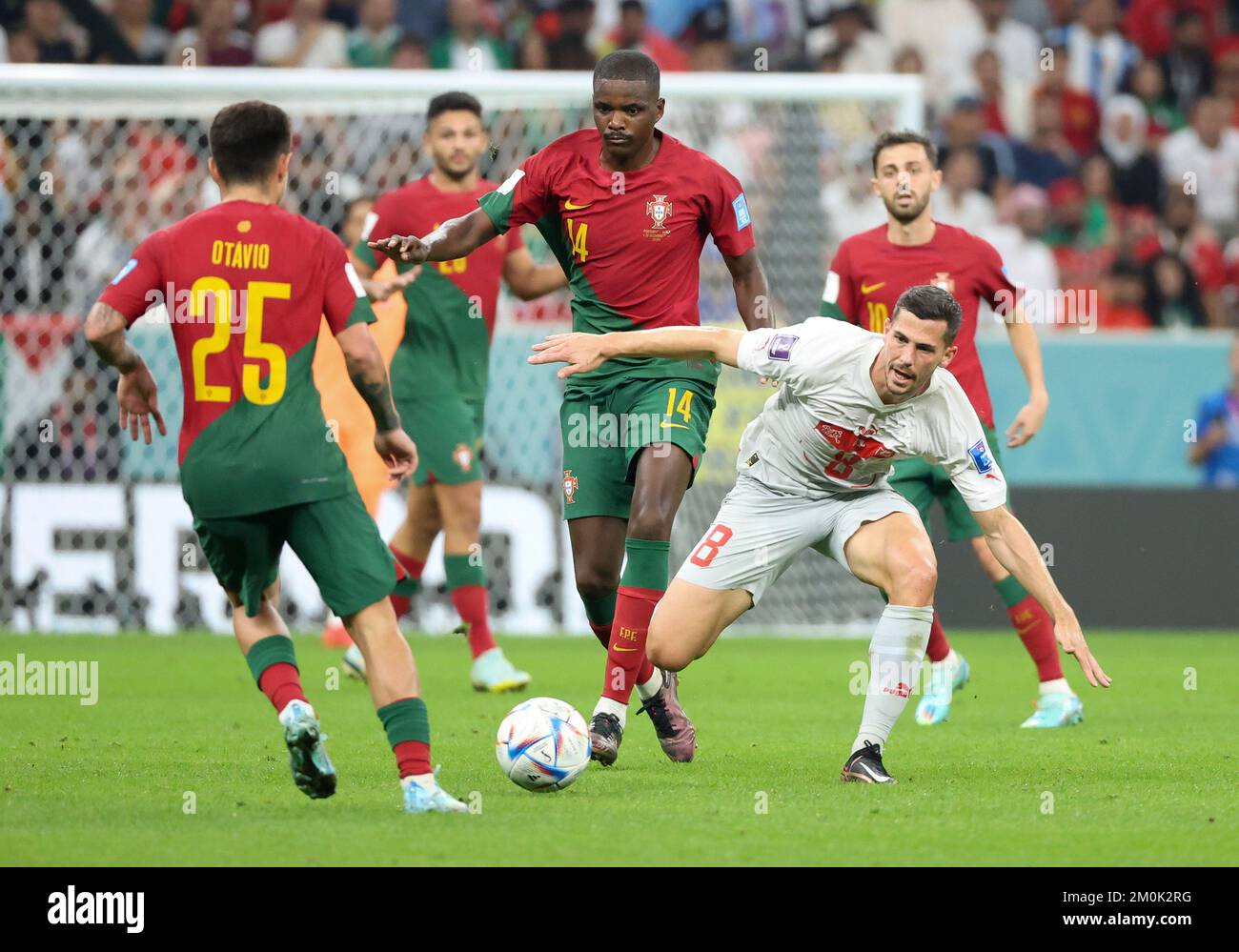 William Carvalho of Portugal, Remo Freuler of Switzerland during the FIFA World Cup 2022, Round of 16 football match between Portugal and Switzerland on December 6, 2022 at Lusail Stadium in Al Daayen, Qatar - Photo Jean Catuffe / DPPI Stock Photo